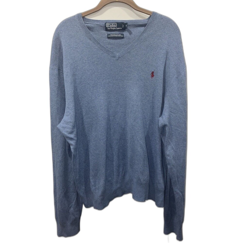 Polo Ralph Lauren V-Neck Sweater Men XL Blue Pima Cotton Lightweight Red Pony